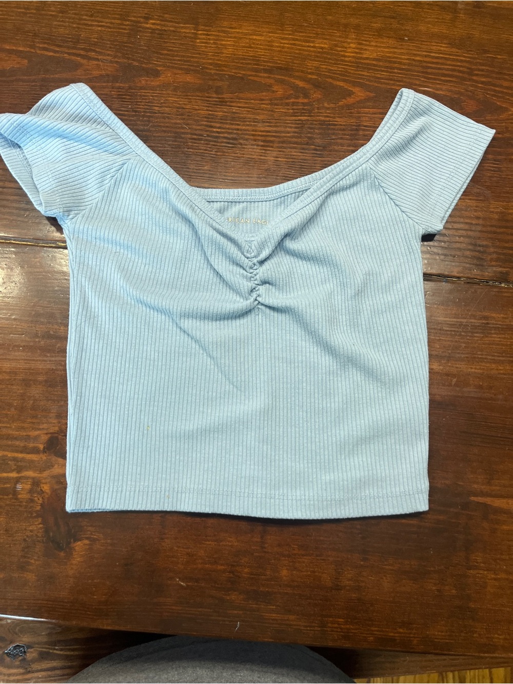 American Eagle Outfitters Light Blue Ribbed Off-Shoulder Crop Top